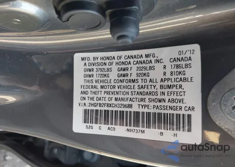 2012 Honda Civic Ex z USA, uszkodzony, nr VIN 2HGFB2F8XCH329688